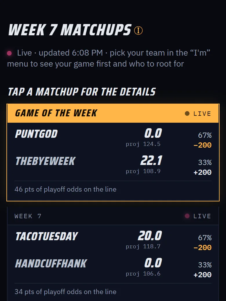 Live matchups in the example league with win odds and playoff stakes